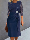 Plain V-neck 3/4 Sleeves Comfy Two Piece Midi Dress