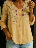 Vintage Florl V-Neck Cotton Linen Shirt Blouse