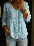 Women's Retro Floral Pattern Art Print Casual Cotton Shirt