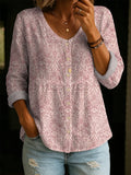 Floral Pattern Art Print V-Neck Cotton Linen Shirt