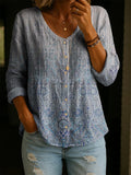Vintage Flower Pattern 3/4 Sleeve Casual Cotton Shirt