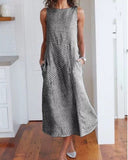 Casual Striped Crew Neck Sleeveless Cotton Midi Fit Dress
