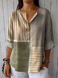 Women's Abstract Geometric Line Pattern Art Print Casual Cotton Linen Shirt