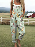 Women's Farm Chicken And Floral Pattern Casual Cotton Linen Wide Leg Jumpsuit RJ033