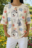 Womens White Floral Siberian Husky Print Casual Shirt