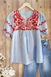 Women's Boho Puff Sleeves Striped V - Neck Red Floral Embroidery Blouse