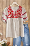 Women's Boho Puff Sleeves Striped V - Neck Red Floral Embroidery Blouse