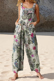 Women's Casual Patchwork Dual Pocket Loose White Floral Print Bohemian Jumpsuit