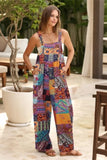 Women's Casual Patchwork Dual Pocket Loose Orange Floral Print Bohemian Jumpsuit