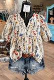 Plus Size Floral Print Notched Neck Boho Casual Summe Blouse