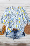 Plus Size Floral Print Notched Neck Boho Casual Summe Blouse