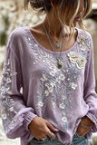 Crew Neck Long Sleeve Floral Regular Micro-Elasticity Loose Blouse For Women