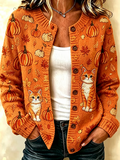 Women Cat Halloween Long Sleeve Comfy Vintage Printing Cardigan