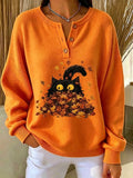 Women Casual Cat Halloween Crew Neck Long Sleeve Sweatshirt