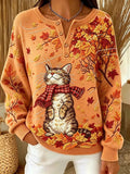 Women Casual Cat Maple Leaf Crew Neck Long Sleeve Sweatshirt