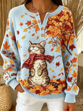 Women Casual Cat Maple Leaf Crew Neck Long Sleeve Sweatshirt
