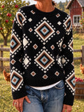 Women Vintage Ethnic Geometry Crew Neck Long Sleeve Sweater