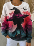 Women Casual Halloween Witch Hat Crew Neck Long Sleeve Sweatshirt