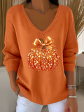 Women's Casual Halloween Sequin Pumpkin Print V Neck Long Sleeve Sweater