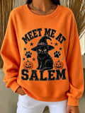 Women Casual Halloween Cat Pumpkin Crew Neck Long Sleeve Sweatshirt
