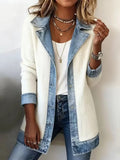 Women Outerwear Vintage Split Joint Contrast Stitching Long Sleeve Lapel Collar Jacket