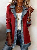 Women Outerwear Vintage Split Joint Contrast Stitching Long Sleeve Lapel Collar Jacket