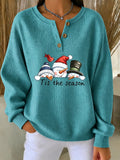 Women Vintage Christmas Snowman Henley Collar Long Sleeve Sweatshirt