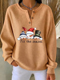 Women Vintage Christmas Snowman Henley Collar Long Sleeve Sweatshirt