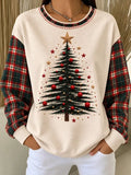 Women Casual Plaid Christmas Trees Crew Neck Sweatshirt