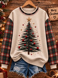 Women Casual Plaid Christmas Trees Crew Neck Sweatshirt