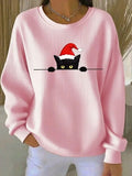 Women Cat Casual Christmas Crew Neck Long Sleeve Sweatshirt