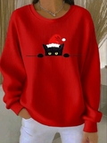 Women Cat Casual Christmas Crew Neck Long Sleeve Sweatshirt