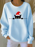 Women Cat Casual Christmas Crew Neck Long Sleeve Sweatshirt