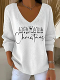 Women's Casual Vintage Merry Christmas V Neck Sweater