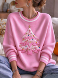 Women's Pink Christmas Tree Crew Neck Sweater