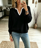 Women's Lace Trim V-Neck Casual Long Sleeve Knit Sweater
