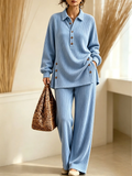 Women’s Knit Polo Set Button Placket Top & Wide Leg Pants Two-Piece Outfit