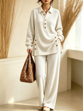 Women’s Knit Polo Set Button Placket Top & Wide Leg Pants Two-Piece Outfit