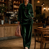 Women’s Casual Velvet Button Placket Top & Wide Leg Pants Two-Piece Outfit