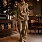 Women’s Casual Velvet Button Placket Top & Wide Leg Pants Two-Piece Outfit