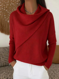 Women Cross Wrap Draped Cowl Neck Knit Pullover Loose Sweater