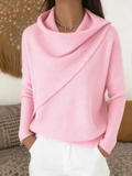 Women Cross Wrap Draped Cowl Neck Knit Pullover Loose Sweater