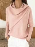 Women Cross Wrap Draped Cowl Neck Knit Pullover Loose Sweater