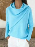 Women Cross Wrap Draped Cowl Neck Knit Pullover Loose Sweater
