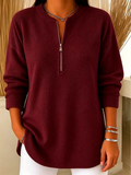 Women’s Casual Knit Half Zip Top Round Neck Long Sleeve Loose Sweatshirt