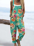 Wome'S Resort Style Watercolor Art Rose Pattern Print Casual Cotton Wide Leg Jumpsuit