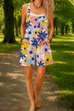 Women’s Yellow Purple Floral Print Casual Cotton Wide Leg Romper