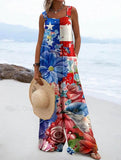 Women's Independence Day Floral Pattern Loose Linen Material Jumpsuits
