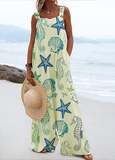 Women's Resort Style Ocean Sea Star Split Joint Square Collar Beach Linen Fabric Jumpsuits