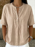 Casual Henley Collar Linen And Cotton Short-sleeve Shirt